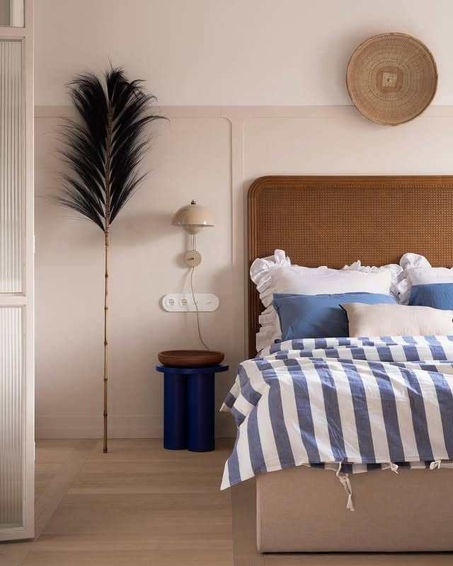 18. Blue Stripe and Rattan Bedroom Idea - retro bedroom ideas
