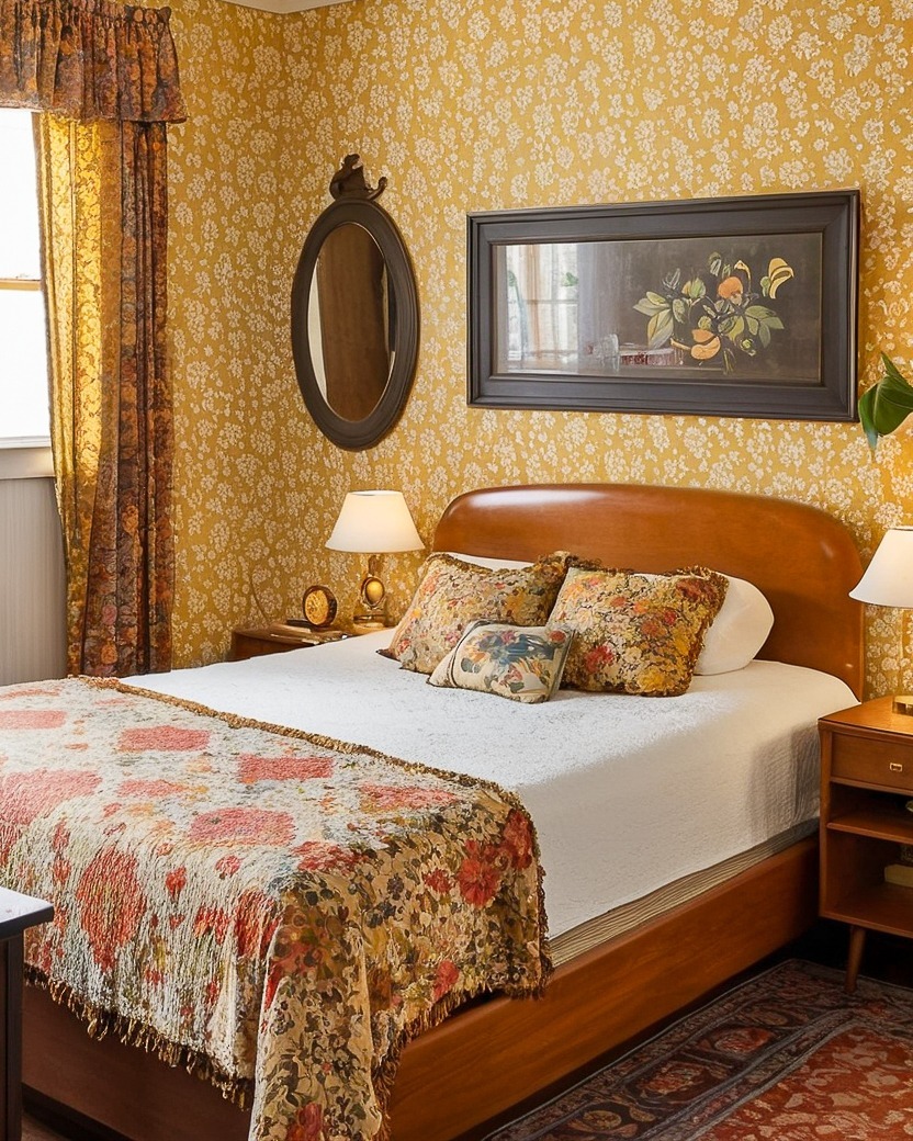 19. Mustard Floral Vintage Bedroom Style - retro bedroom ideas
