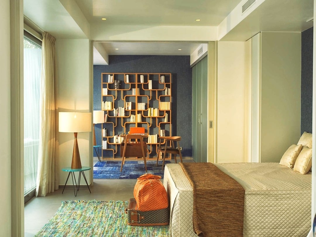 20. Mid-Century Blue and Walnut Bedroom - retro bedroom ideas