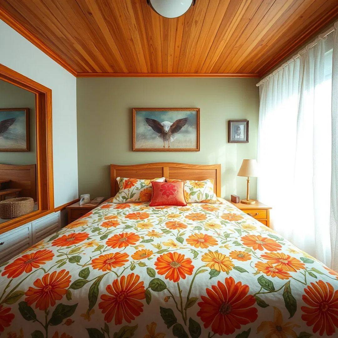 21. Sage Green and Orange Floral Bedroom Idea - retro bedroom ideas