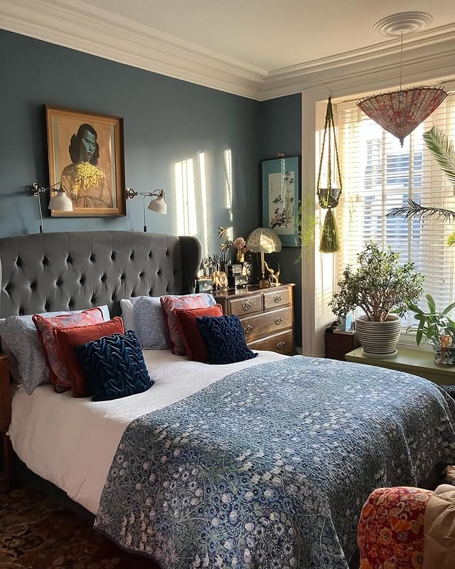 7. Teal Vintage Bedroom with Layered Textiles - vintage bedroom ideas