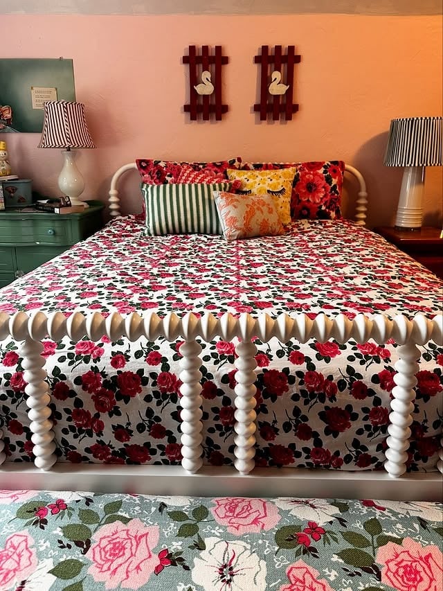14. Pink Floral Vintage Bedroom with Spindle Bed Details - vintage bedroom ideas