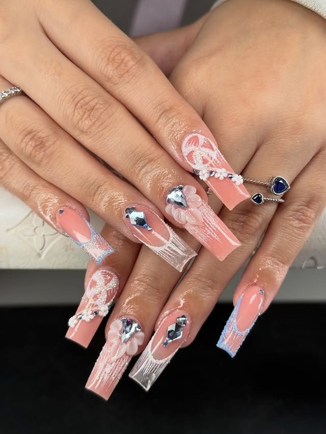 3. Blush Pink 3D Crystal Coffin Nails - winter nail ideas
