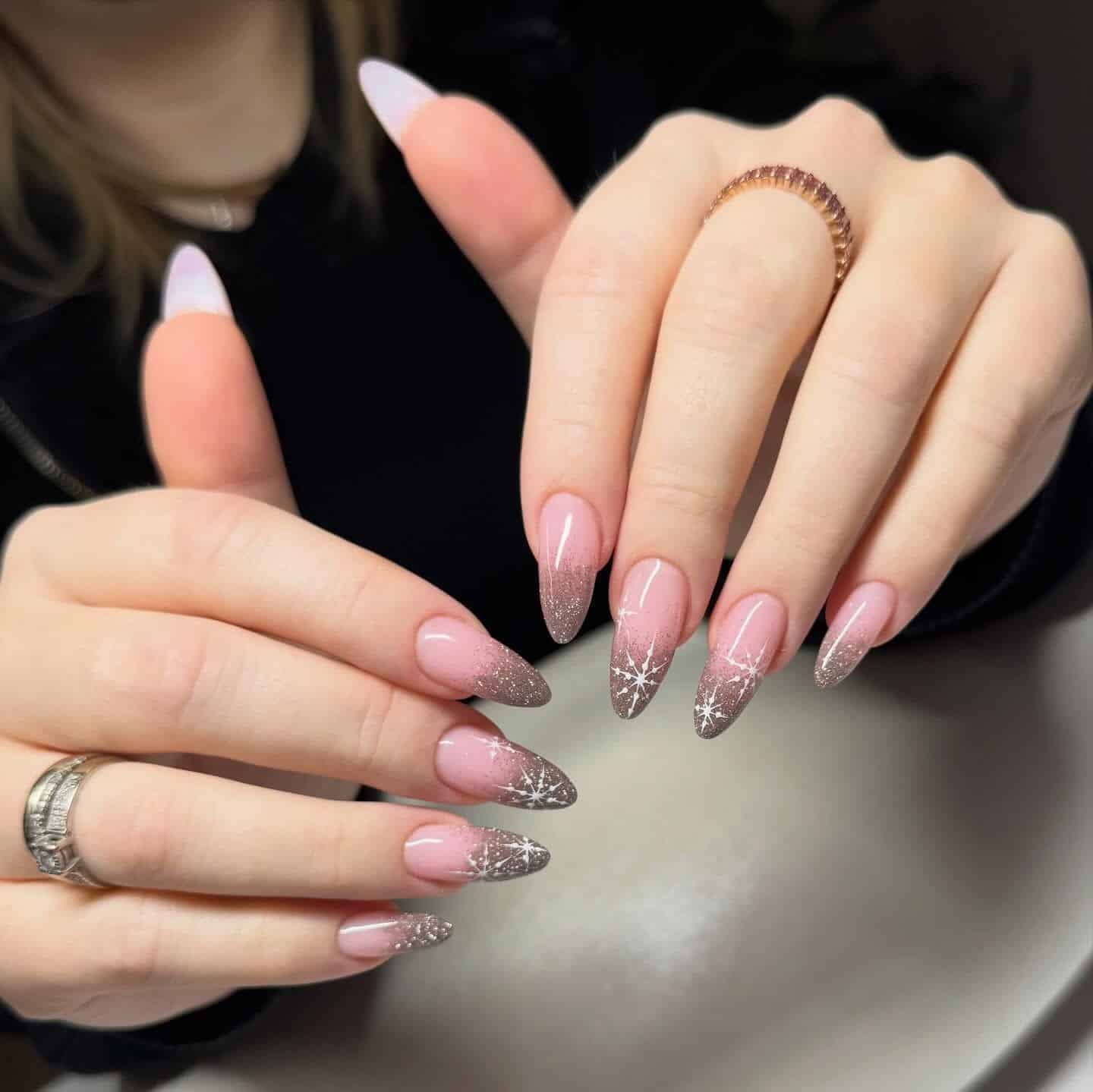 4. Silver Snowflake Glitter Ombre Nails - winter nail ideas