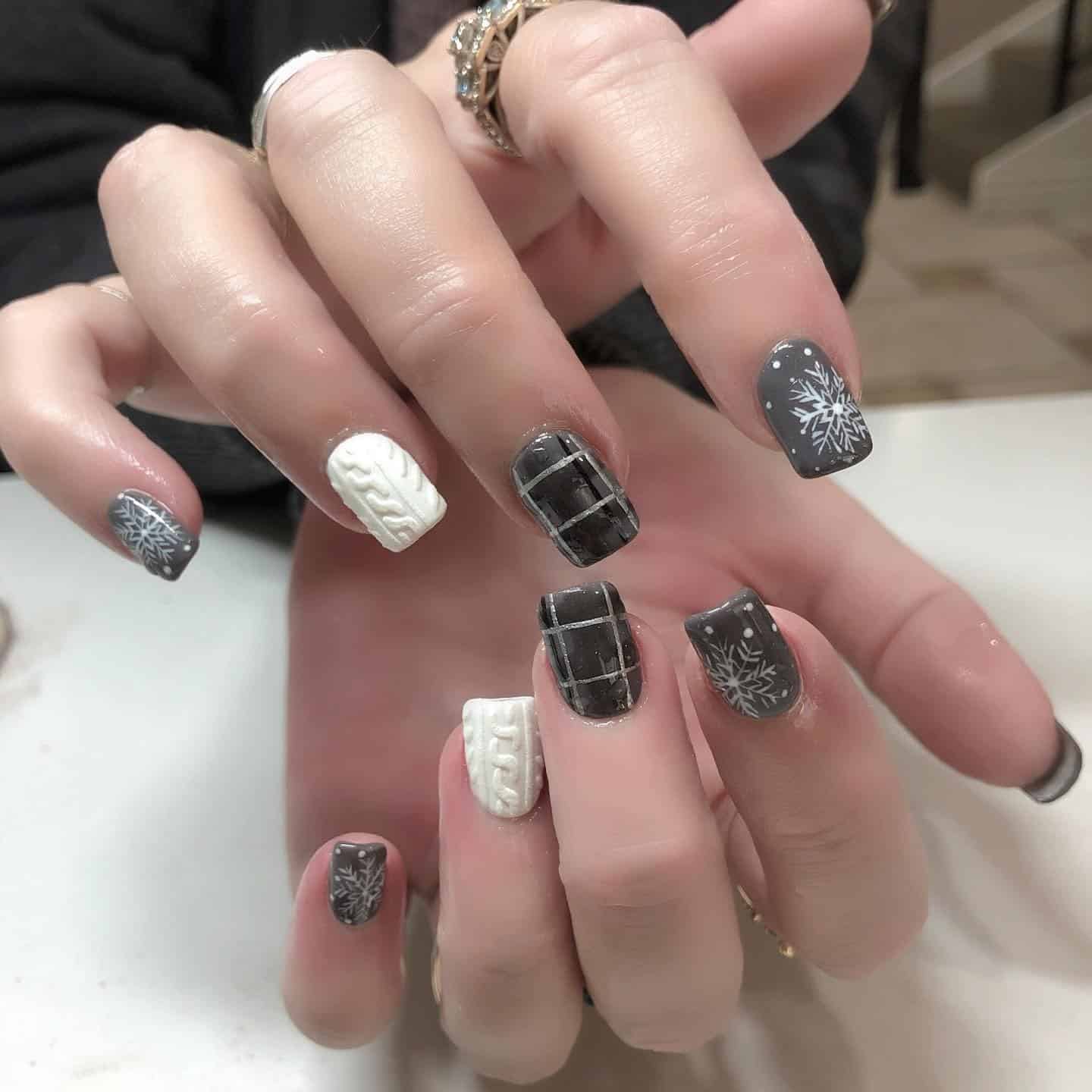 11. Charcoal Plaid Sweater Winter Nails - winter nail ideas