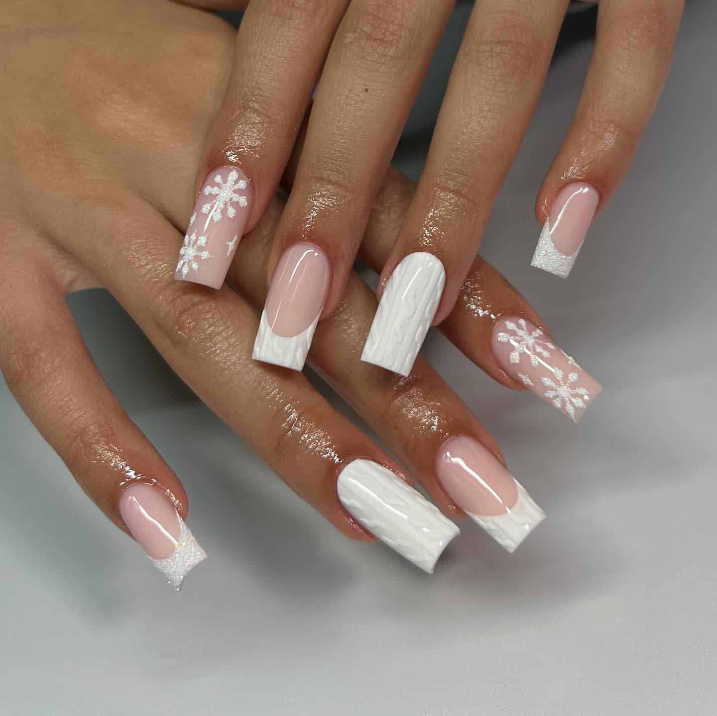 12. Milky White Sweater Coffin Nails - winter nail ideas