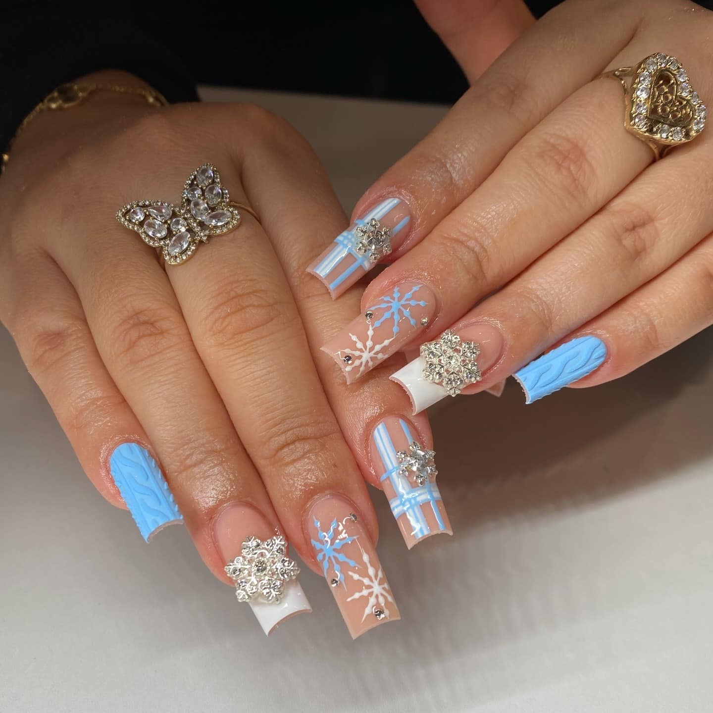 18. Baby Blue Snowflake Plaid Coffin Nails - winter nail ideas