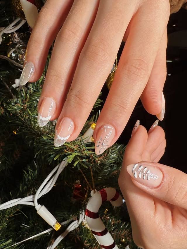 20. Silver French Winter Almond Nails - winter nail ideas
