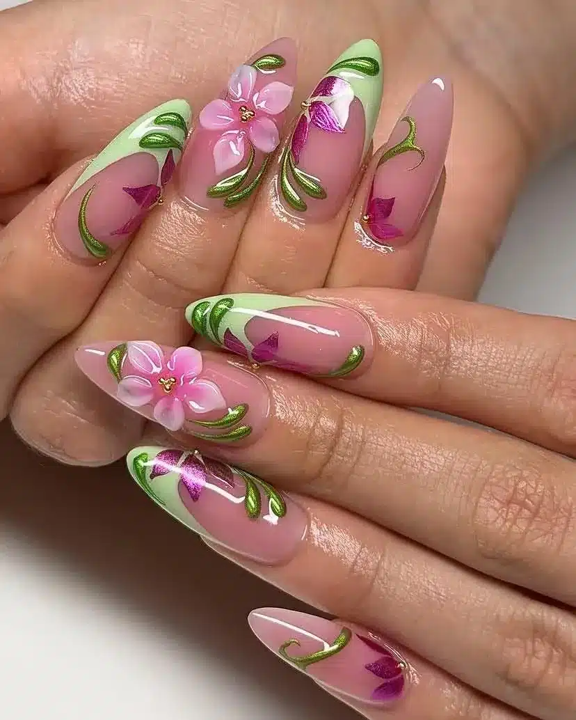 1. Pink Floral Almond Nails with Sage Green French Tips - nail ideas for work