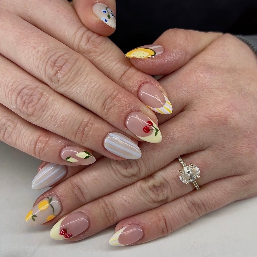 2. Minimal Fruit Accent Almond Nails in Nude and Lemon Yellow - nail ideas for work