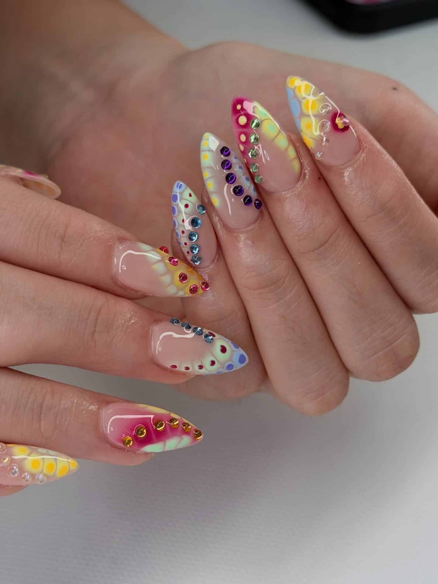 4. Rainbow Crystal Stiletto Nails with Abstract Art - nail ideas for work