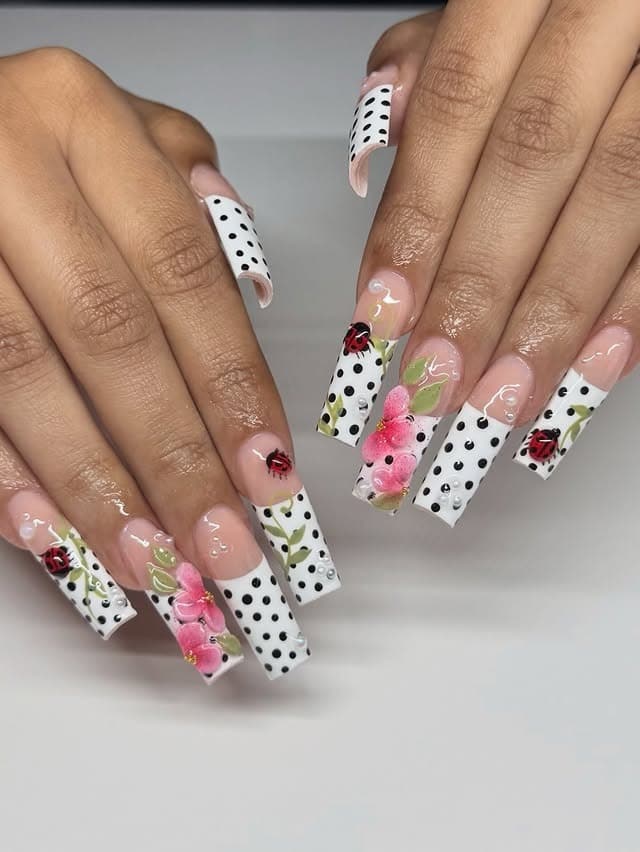 5. Black and White Polka Dot Floral Coffin Nails - nail ideas for work
