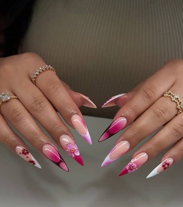 6. Pink Ombre Stiletto Nails with Floral Details - nail ideas for work