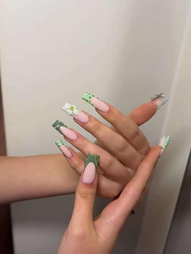 7. Sage Green 3D Floral Coffin Nails - nail ideas for work