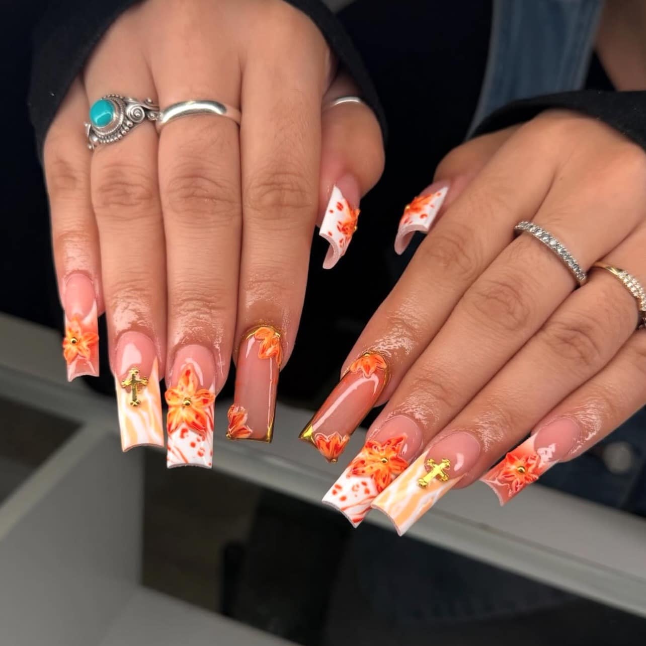 8. Orange Floral Coffin Nails with Gold Chrome Accents - nail ideas for work
