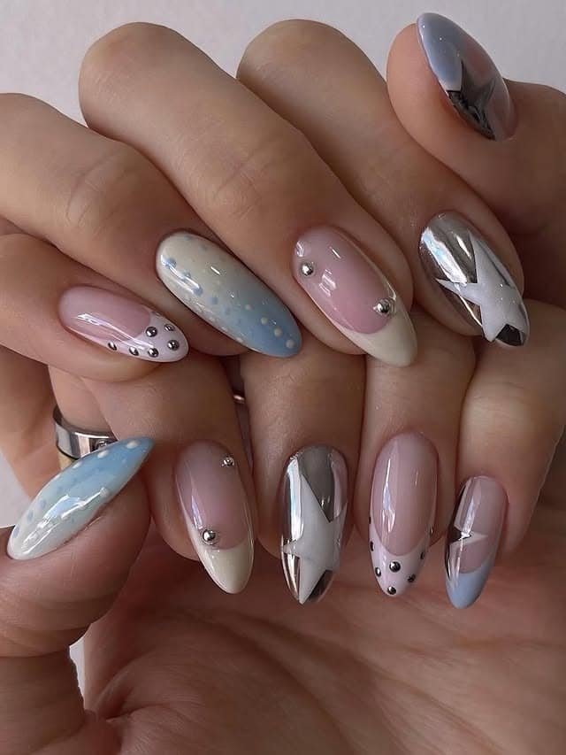 9. Blue and Silver Chrome Almond Nails - nail ideas for work