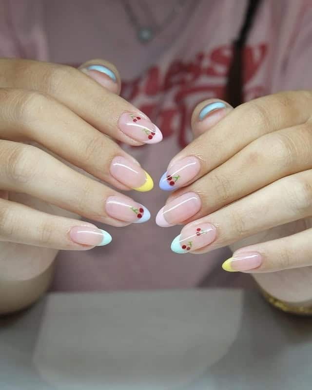 12. Pastel French Tip Almond Nails with Cherry Art - nail ideas for work