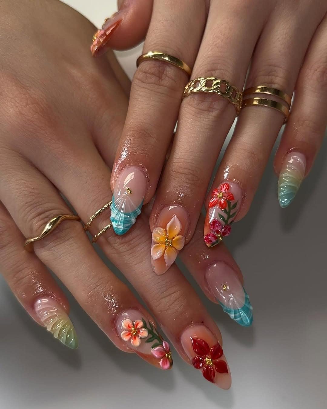 16. Tropical Floral Stiletto Nails with Pastel Shell Tips - nail ideas for work