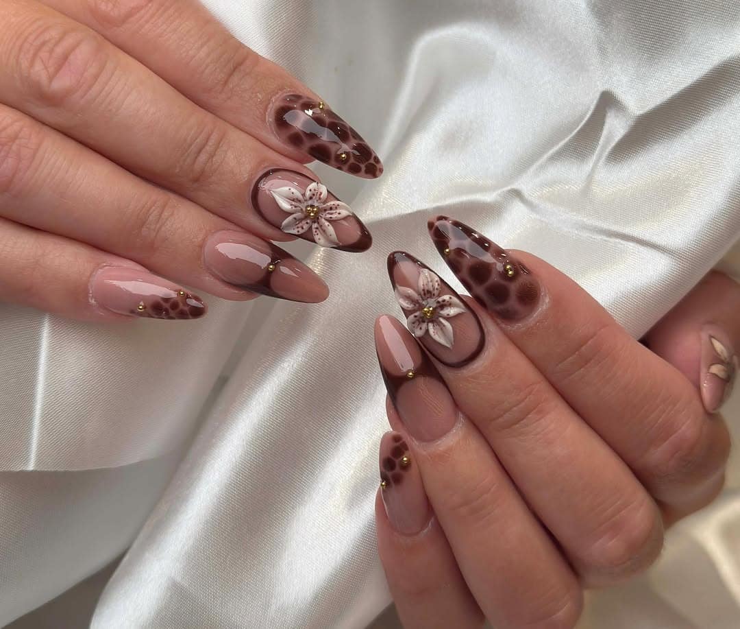 17. Chocolate Brown Floral Almond Nails with Tortoise Shell Art - nail ideas for work