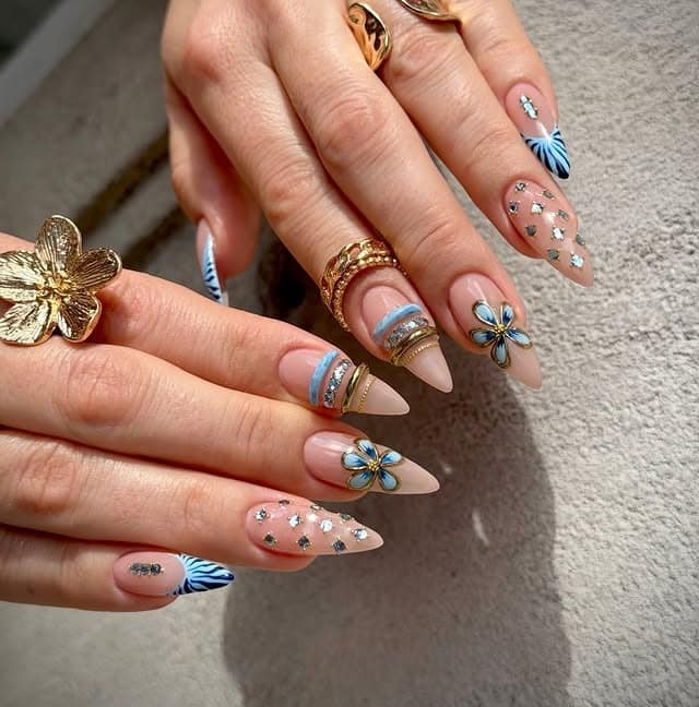 20. Blue Floral Almond Nails with Crystal Detailing - nail ideas for work