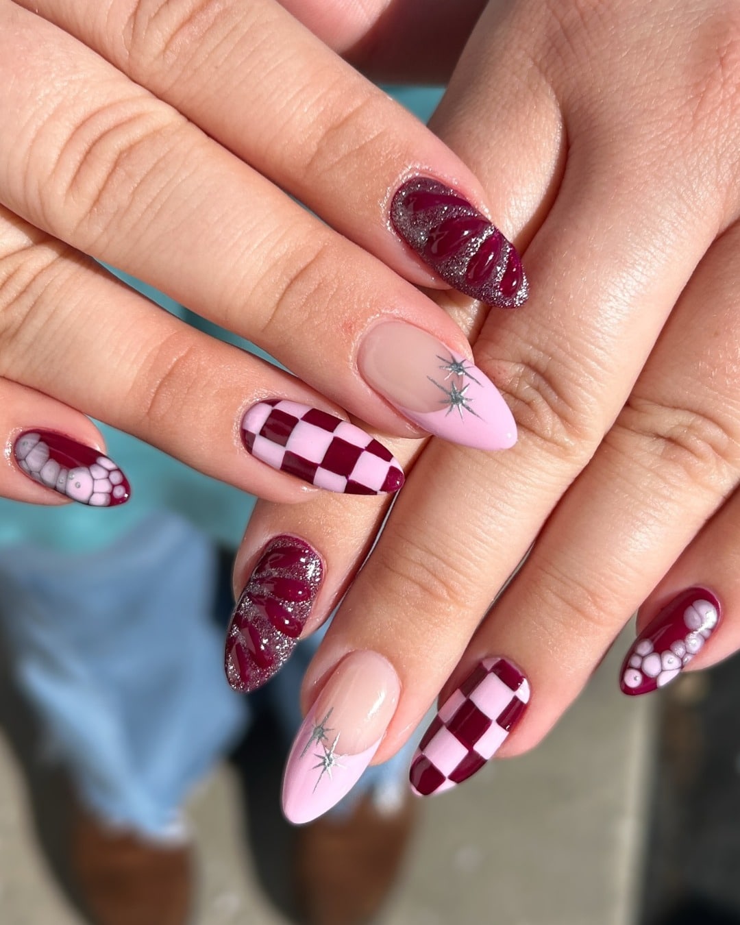 21. Burgundy Checkerboard Almond Nails with Silver Glitter Accents - nail ideas for work