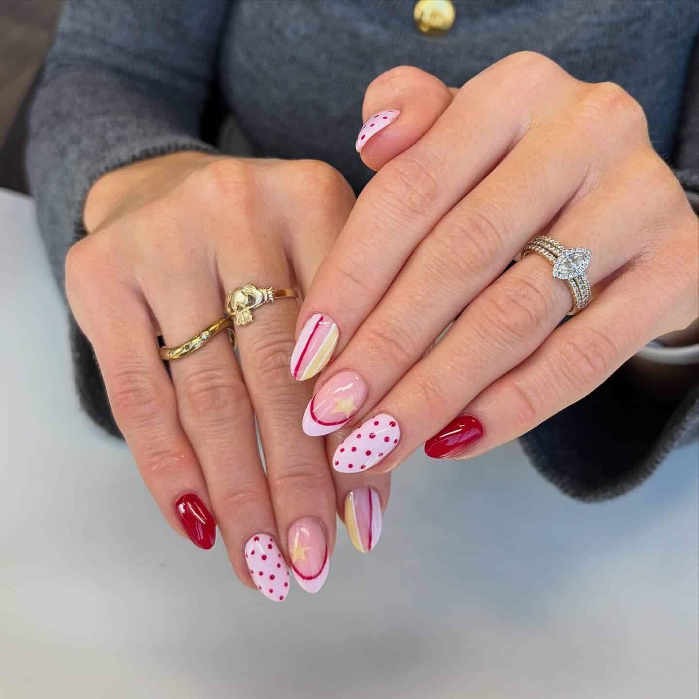 22. Red and Pink Almond Nails with Polka Dot and Star Art - nail ideas for work