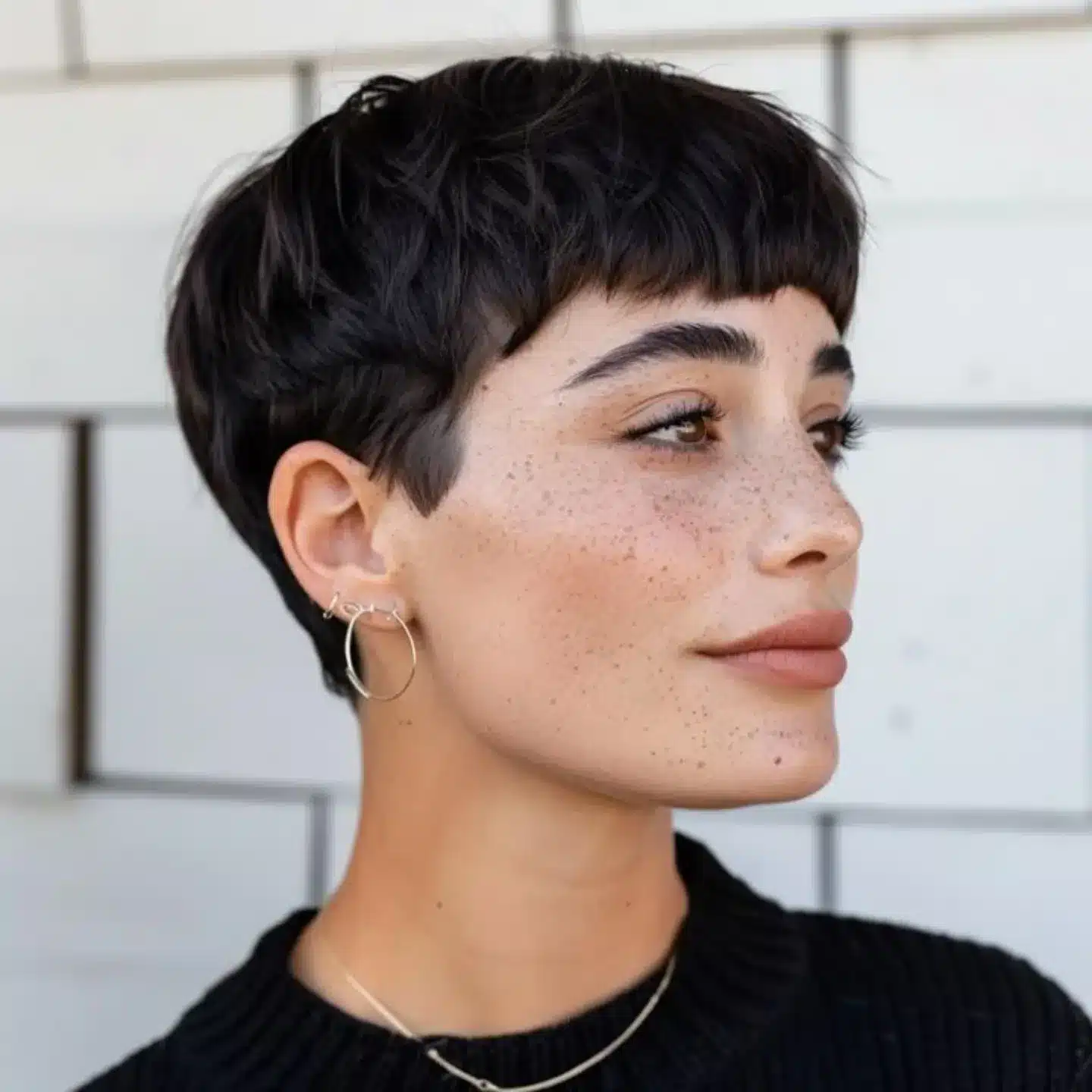 15. Sleek Espresso Bowl Pixie with Blunt Bangs - Pixie Hairstyles With Bangs