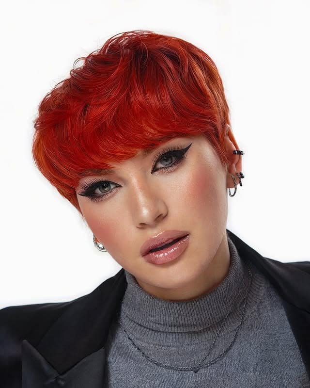 19. Bright Cherry Red Pixie with Full Bangs - Pixie Hairstyles With Bangs