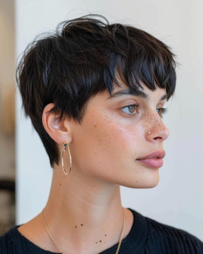 22. Soft Black Pixie with Piecey Bangs - Pixie Hairstyles With Bangs