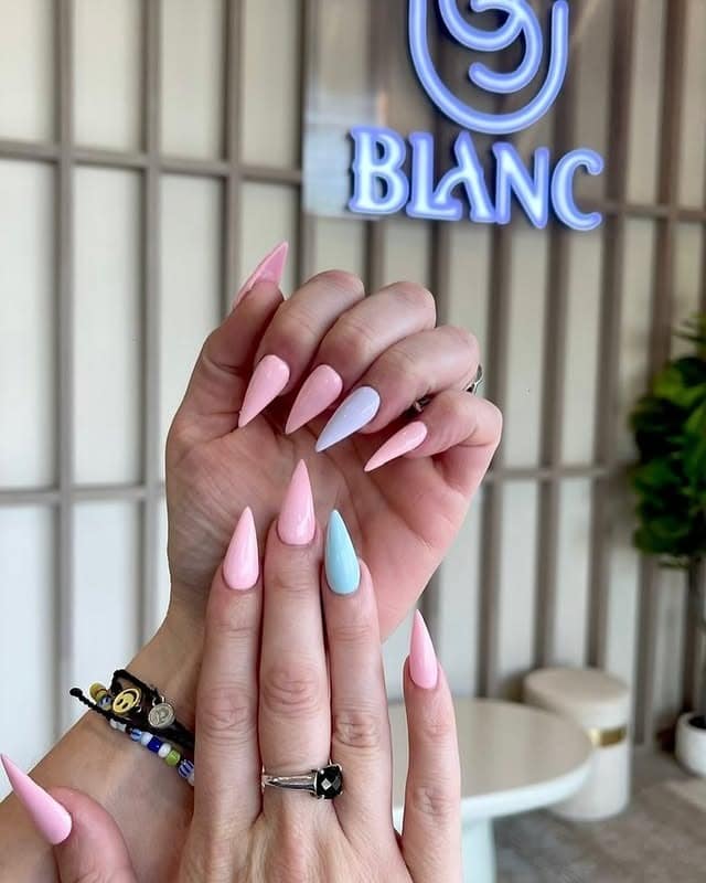 4. Pastel Mix Stiletto Nails - solid nail color ideas 