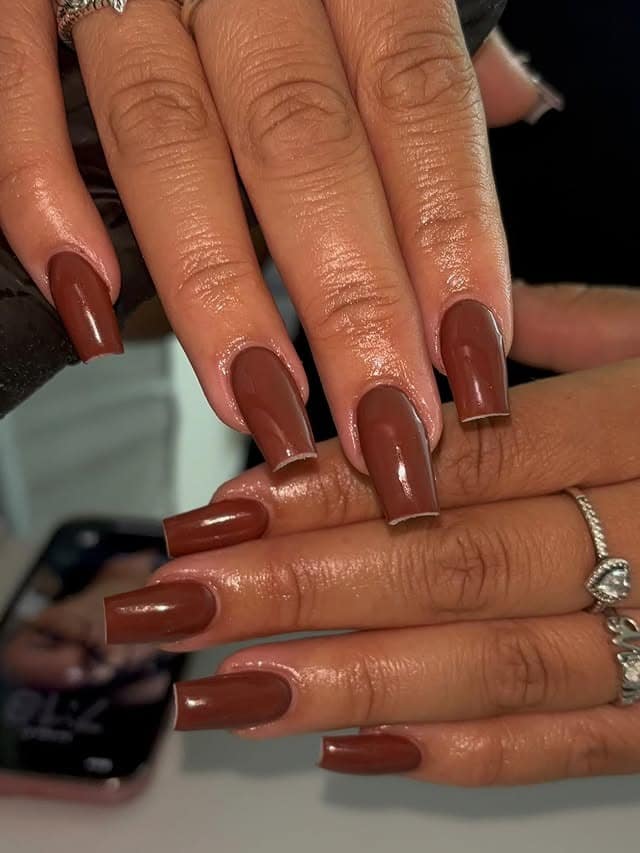 12. Chocolate Brown Coffin Nails - solid nail color ideas 