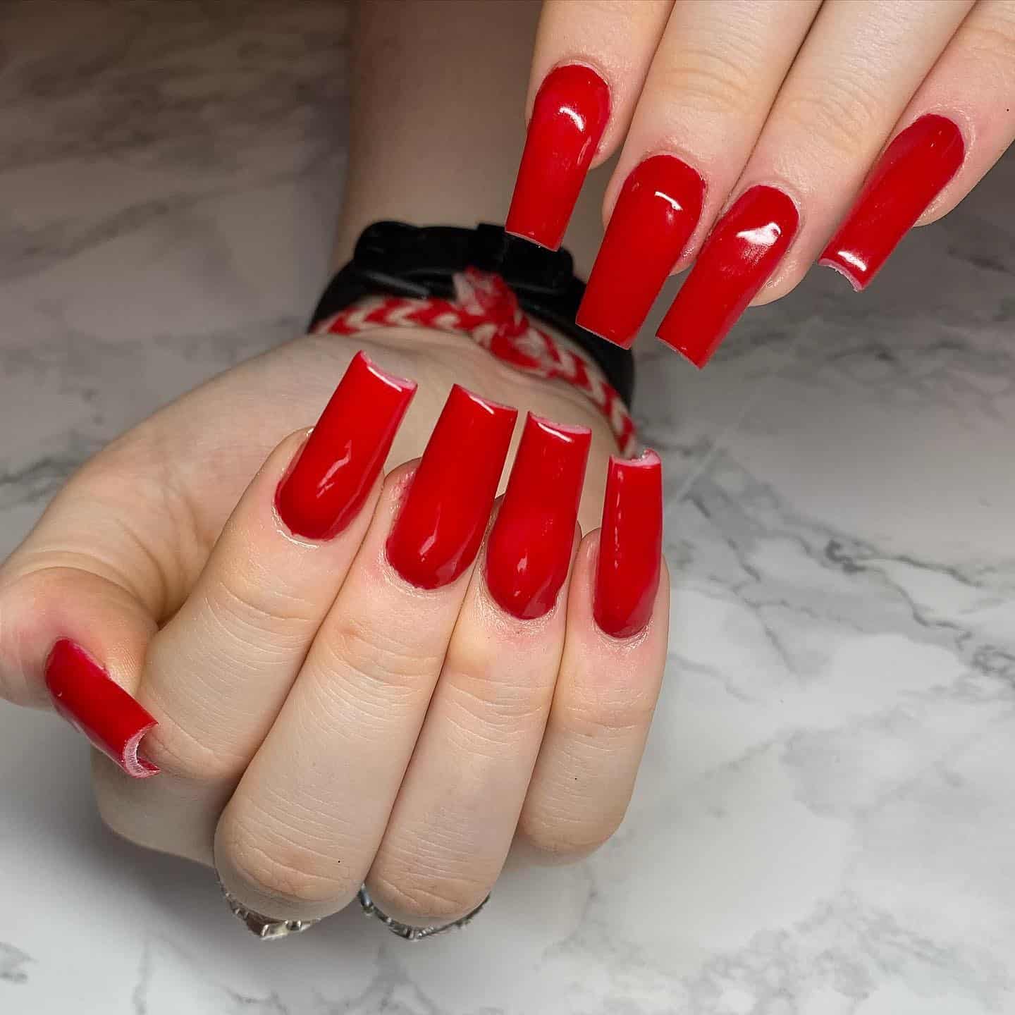 13. Bright Red Long Square Nails - solid nail color ideas 