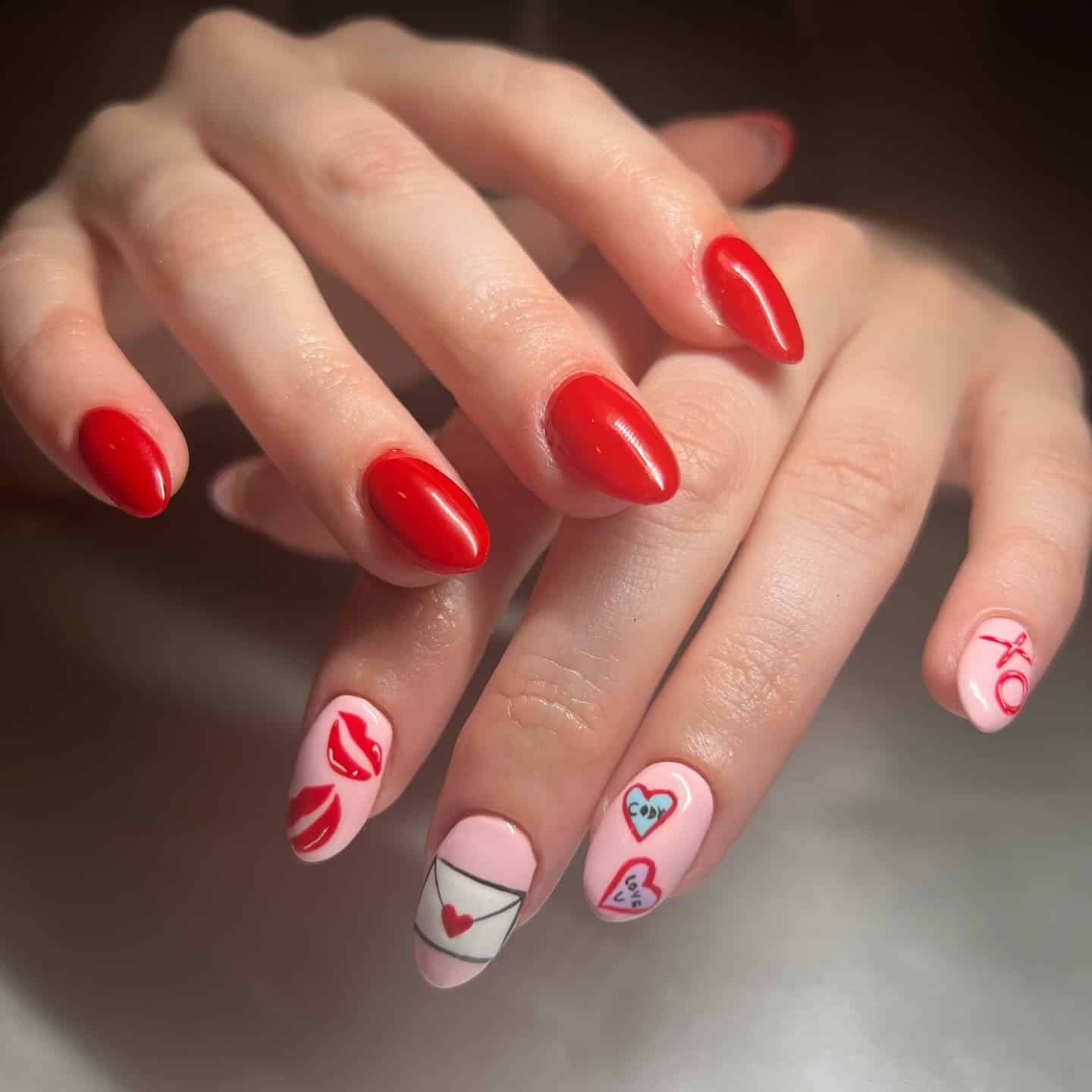 14. Red and Pink Valentine Accent Nails - solid nail color ideas 