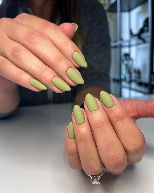 16. Matte Sage Green Almond Nails - solid nail color ideas 