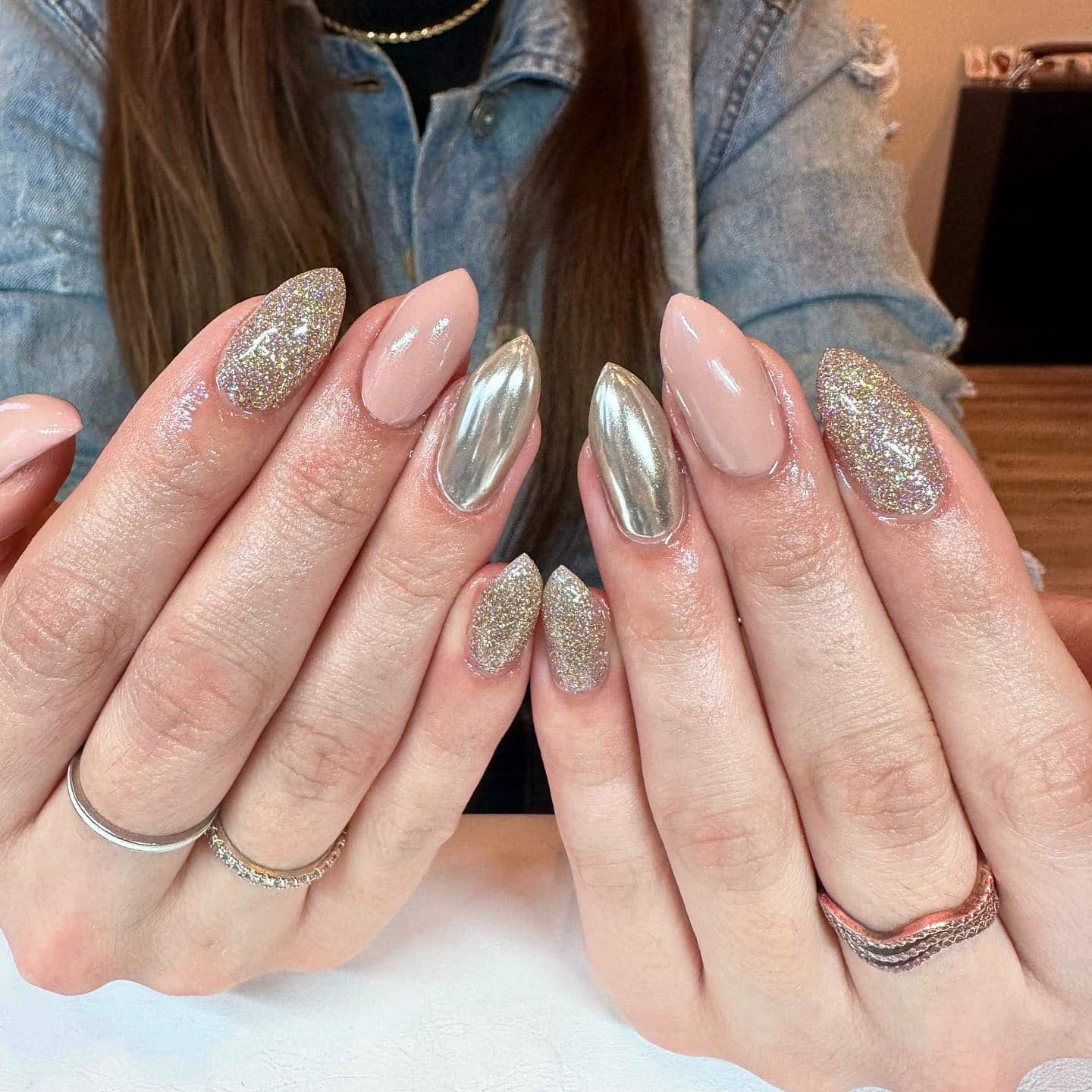 17. Champagne Glitter and Silver Chrome Almond Nails - solid nail color ideas 