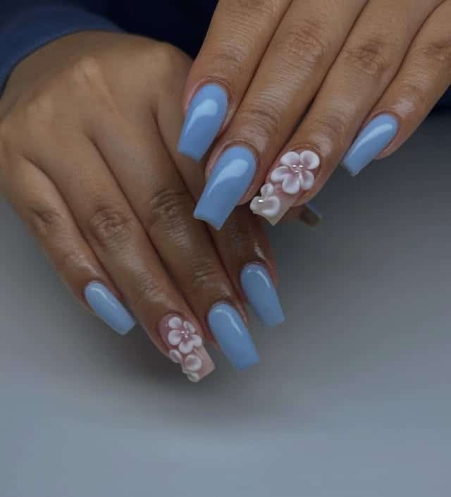 18. Baby Blue Floral Coffin Nails - solid nail color ideas 