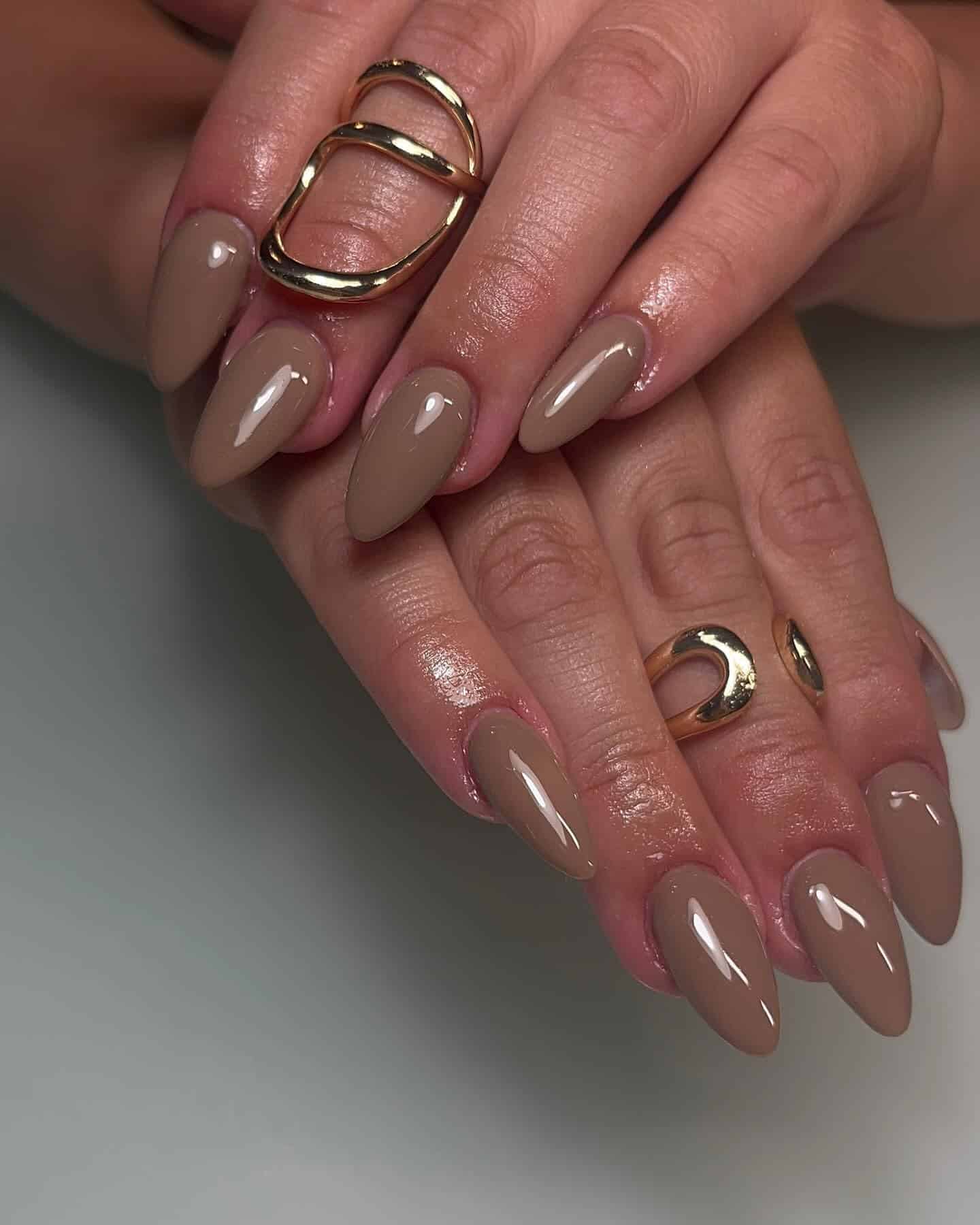 21. Glossy Taupe Almond Nails - solid nail color ideas 
