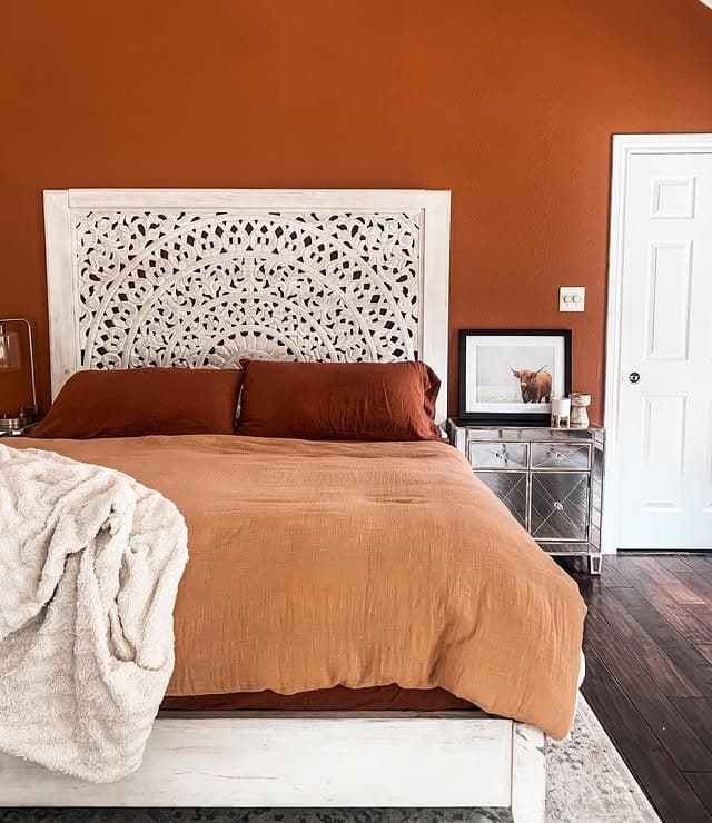 2. Rustic Burnt Orange Accent Wall Bedroom - burnt orange bedroom ideas