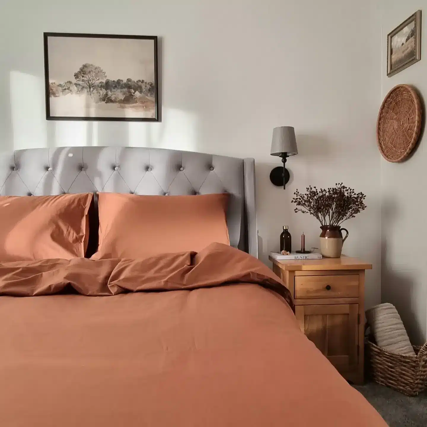 3. Soft Clay Linen Bedroom Styling - burnt orange bedroom ideas