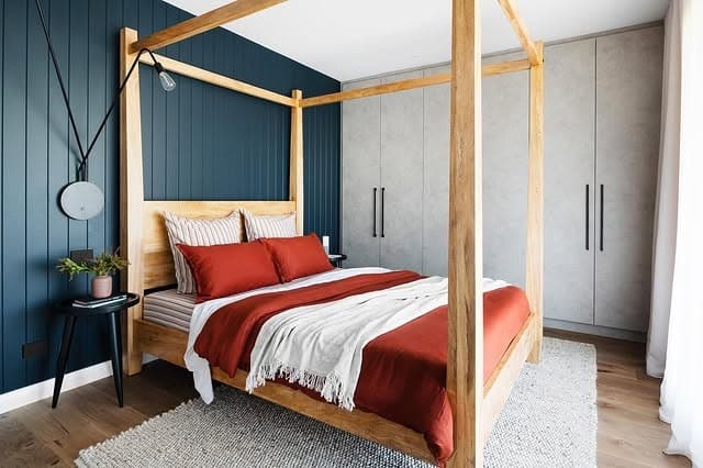 11. Burnt Orange and Navy Contemporary Bedroom - burnt orange bedroom ideas