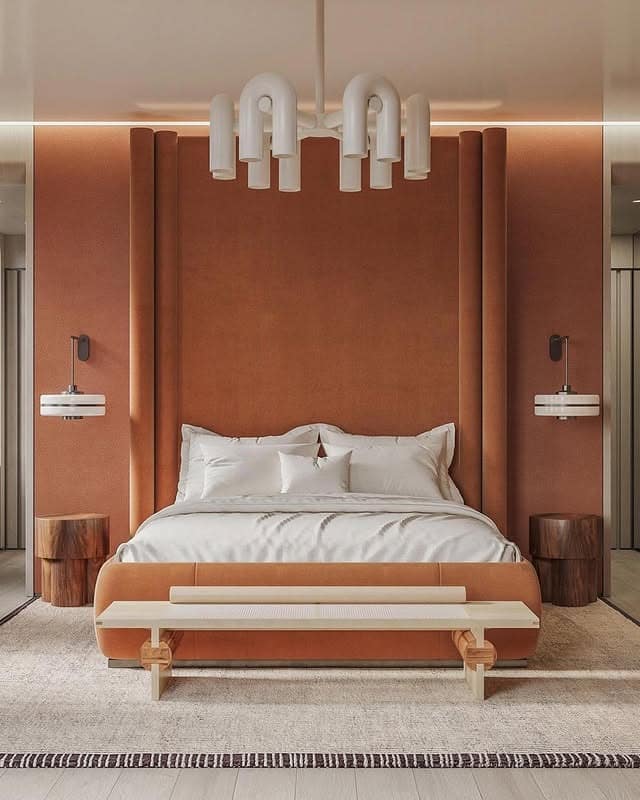 18. Modern Burnt Orange Statement Wall Bedroom - burnt orange bedroom ideas
