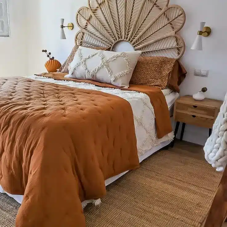 22. Boho Burnt Orange Rattan Bedroom - burnt orange bedroom ideas
