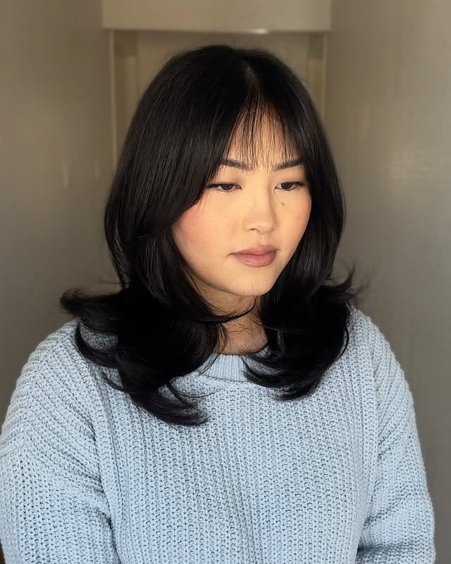 22. Jet Black Feathered Layers with Wispy Bangs - Medium Wispy Haircuts