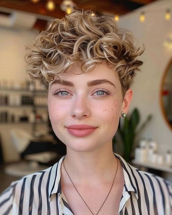 16. Honey Blonde Curly Pixie with Soft Fringe - Curly Pixie Hairstyles