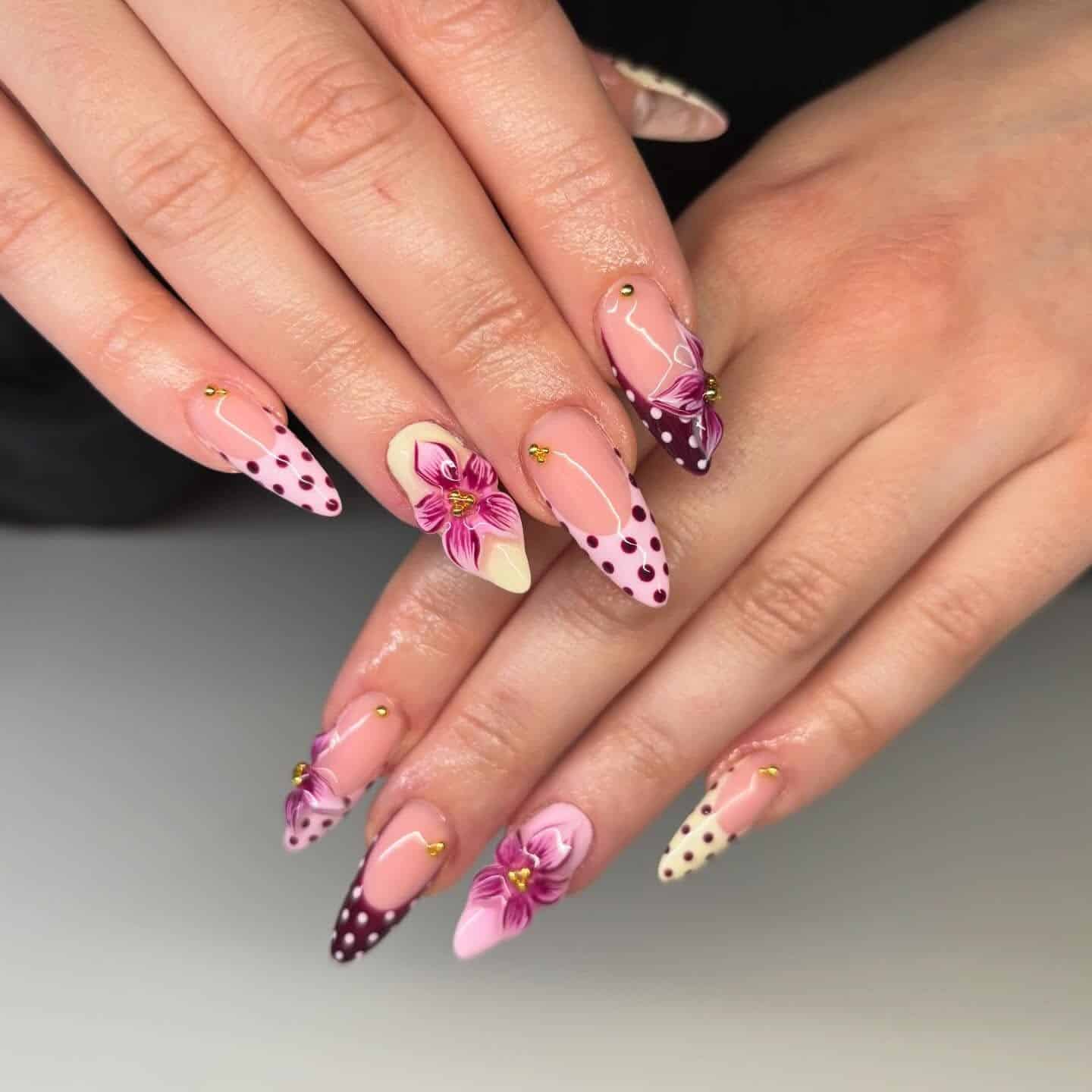 8. Pink Orchid Floral Almond Nails - almond nail ideas
