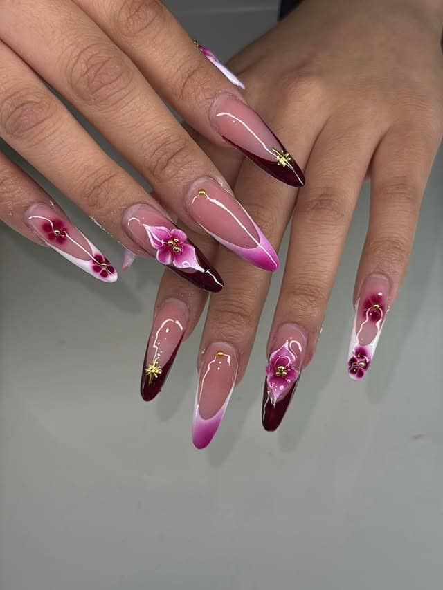 9. Burgundy Floral French Almond Nails - almond nail ideas