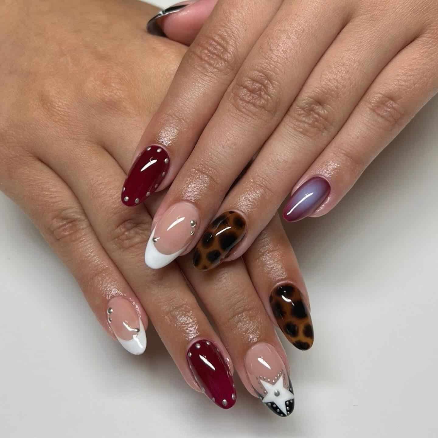 12. Burgundy and Leopard Print Almond Nails - almond nail ideas