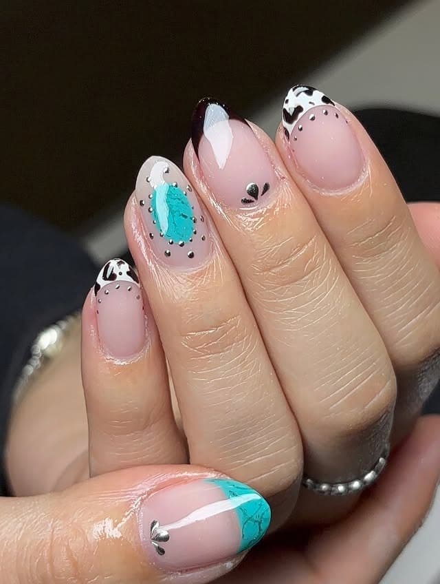 13. Turquoise Western Almond Nails - almond nail ideas