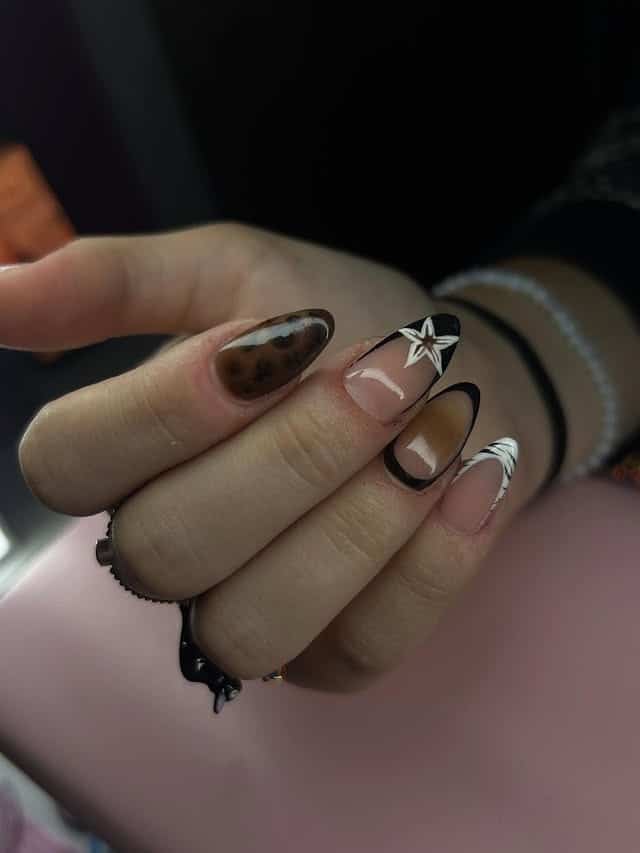 14. Smoky Leopard and Black French Almond Nails - almond nail ideas