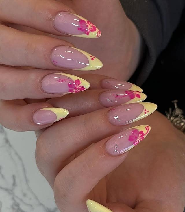 17. Lemon Yellow Floral French Almond Nails - almond nail ideas